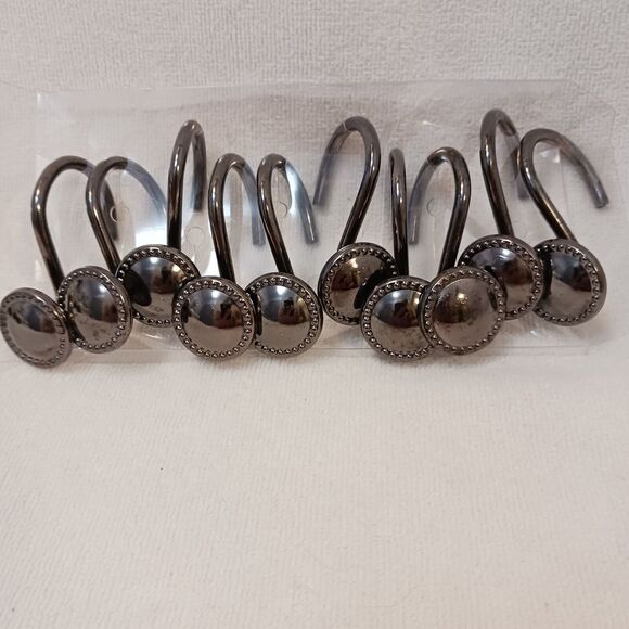 10 Shower Curtain Hooks LUXE Decor Button Style Polished Gunmetal Dark PRETTY! - Picture 4 of 14